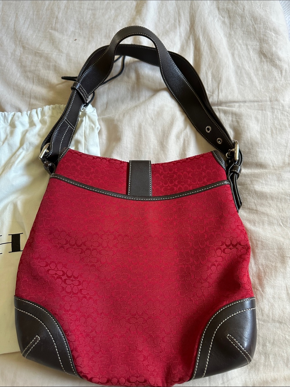 Coach Red Signature Canvas Shoulder Bag with Dark Brown Leather Trim - Picture 5 of 11